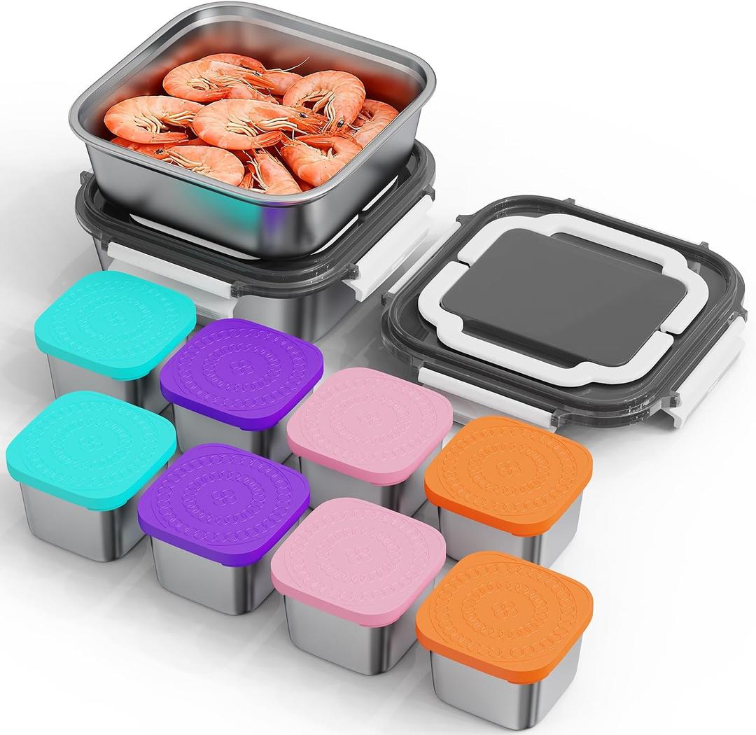 Set of 2 Snackle Box Container Stainless Steel Conntainers with Lids 10 Pack,2 Large Stainless Steel Container(1.5qt) and Set of 8 Snack Containers,Convenient to Carry,Suitable for Picnics and Travel