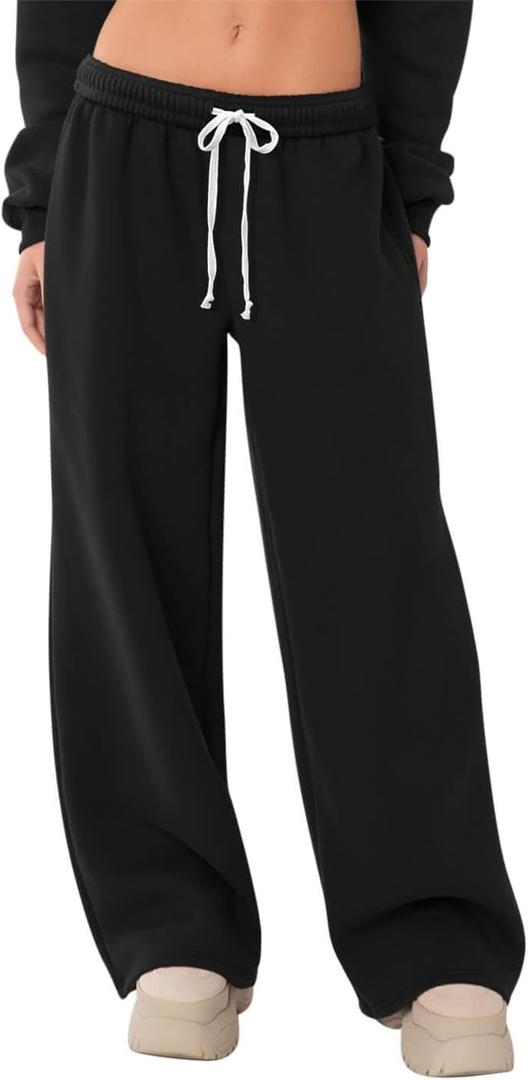 HeSaYep Women's Fleece Lined Sweatpants Wide Leg Thermal Winter Warm Baggy Sweat Pants with Pockets Black, Medium