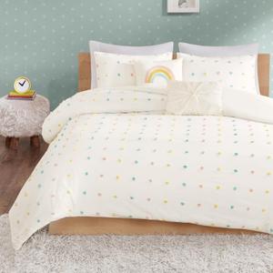 Callie Cotton Jacquard Weave Colorful Pom Pom Kids Comforter sets, Down Alternative Shabby Chic All Season Girls Bedding, Bedroom Decor, Full/Queen, Ivory 5 Piece