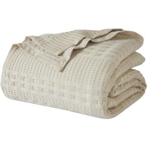 VHC Brands 100% Cotton Waffle Weave Twin Blanket 66"x90", Decorative Lightweight Spring and Summer Throw Blanket, Bedroom Decor for Bed, Couch, or Sofa, Natural
