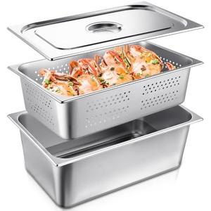Ferraycle 3 Pack Full Size 6 Inch, 8 Inch Hotel Pan with Lid Perforated Steam Table Pan Restaurant Supplies for Kitchen, Steam Table Tray for Food Warmer