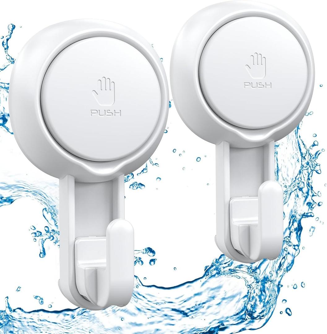 LUXEAR Powerful Vacuum Suction Cup Hooks - Heavy Duty for Shower, Waterproof Suction Hanger for Bathroom Kitchen Towel, Robe, Loofah Removable and Reusable for Bags Coat (2 Pack)