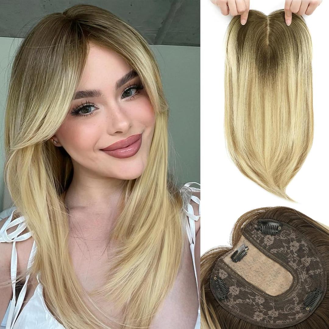 MEDO Hair Toppers for Women with Thinning Hair, 14 Inch Ash Blonde Mix Bleach Blonde Straight Synthetic Fluffy Wig Topper