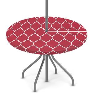 Round Tablecloth with Umbrella Hole and Zipper Moroccan Pattern Outdoor Elastic Fitted Table Cloth 36"-44" Oil-Proof Waterproof Burgundy Red Patio Table Cover for Picnic Party
