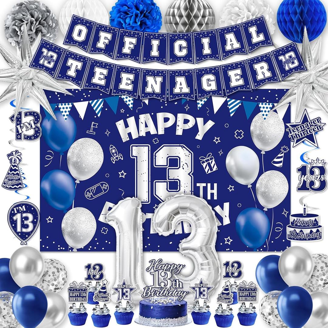 13th Birthday Decorations for Boys, 45Pcs Blue Silver Official Teenager Decorations Include Happy 13th Birthdays Backdrop Hanging Swirls 32inch 1 3 Foil Balloons for 13th Boy Girl Birthday Decor
