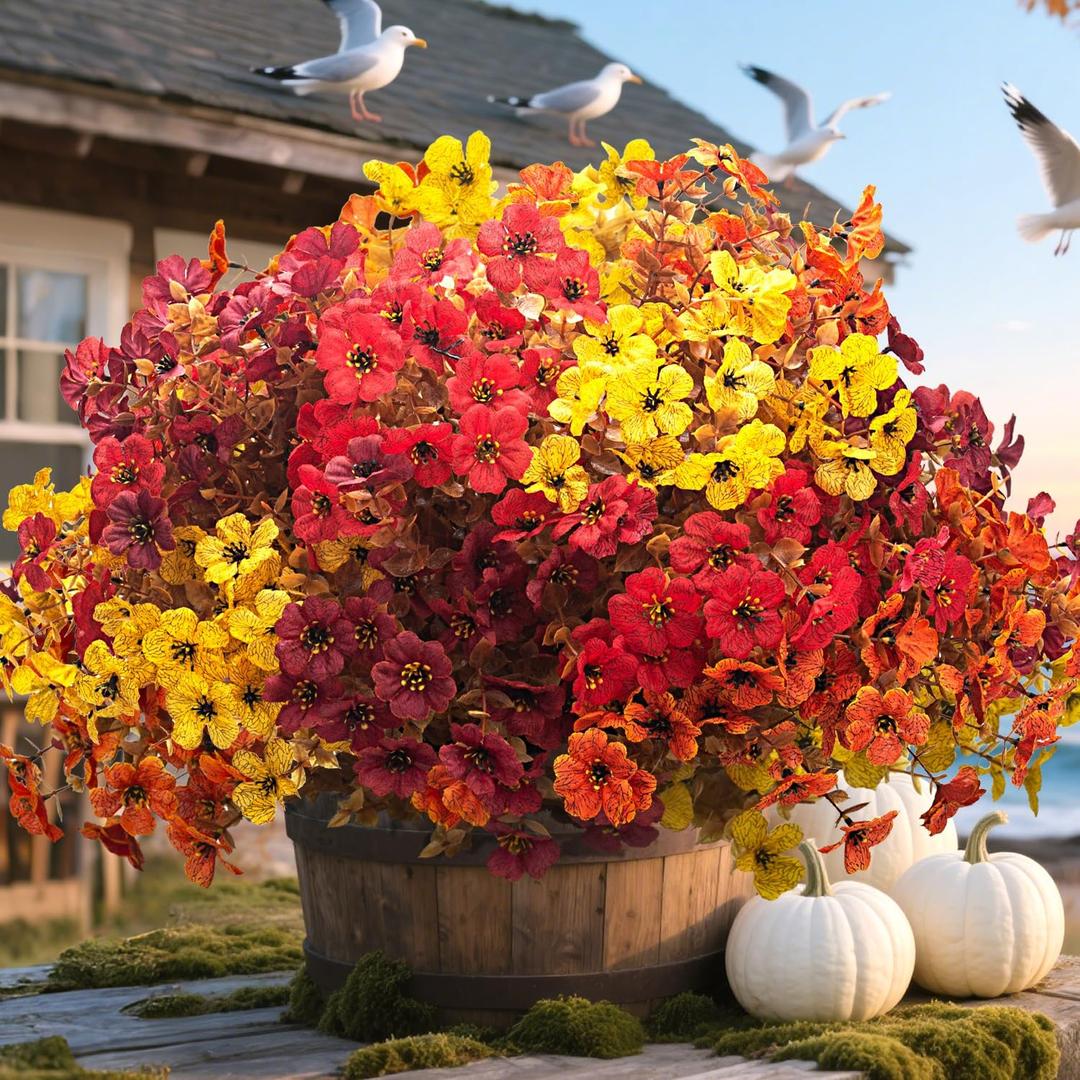 Grunyia 20 Bundles UV Resistant Artificial Fall Flowers for Outdoor - No Maintenance Thanksgiving Decor with Orange Blooms, Faux Silk & Plastic Plants for Porch, Yard (Fall Coffee Mix)
