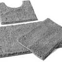 LuxUrux 3-Piece Bathroom Rug Set  Plush Chenille Bath Mats & U-Shaped Toilet Mat, Ultra-Soft, Absorbent & Non-Slip (20x20 U, 16x24 & 20x30 inches, Light Grey)