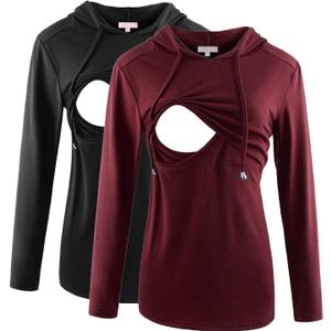 Bhome Nursing Shirt Long Sleeves Hoodie Breastfeeding Top Sweatshirt (X-Large, Burgundy/Black)
