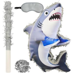 Shark Piata,Ocean Theme Shark Pinata with Stick,Blindfold and Confetti for Under the Sea Party Supplies Fishing Animal Theme Birthday Party Set(15.4")