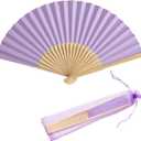 50pcs Paper Hand Fan with Organza Bags Bamboo Handheld Folding Fan DIY Decorative Wedding Party Favors (Light Purple)