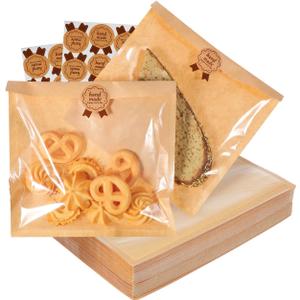 iplusmile 200 Pcs Kraft Cookie Bags with Window - 7.5" x 7.8" Greaseproof Bakery Bags, Heat Sealable Individual Packaging for Cookies, Bread & Donuts, with 200 Sealing Stickers, Not Microwave Safe