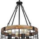 ACNKTZ Farmhouse Rustic Chandelier Light Fixture, 4-Light Round Hanging Pendant Lighting for Dining Room Entryway Kitchen Island Foyer Breakfast Area, Black Wood and Black Metal Finish