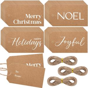 Fullhawl 100 Pcs Merry Christmas Name Tags for Gifts Christmas Tags with String Gold Foil Elegant Present Tag Paper Holiday Labels for Xmas Gifts Wrapping Presents DIY Craft (Brown, White)