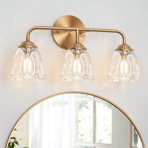 Daunton 3-Light Bathroom Vanity Light Gold, Vintage Vanity Light Fixtures Over Mirror, Brass Bathroom Light with Flower Glass Shade, Art Deco Wall Sconce Lighting for Bedroom, Living Room, 18.1in