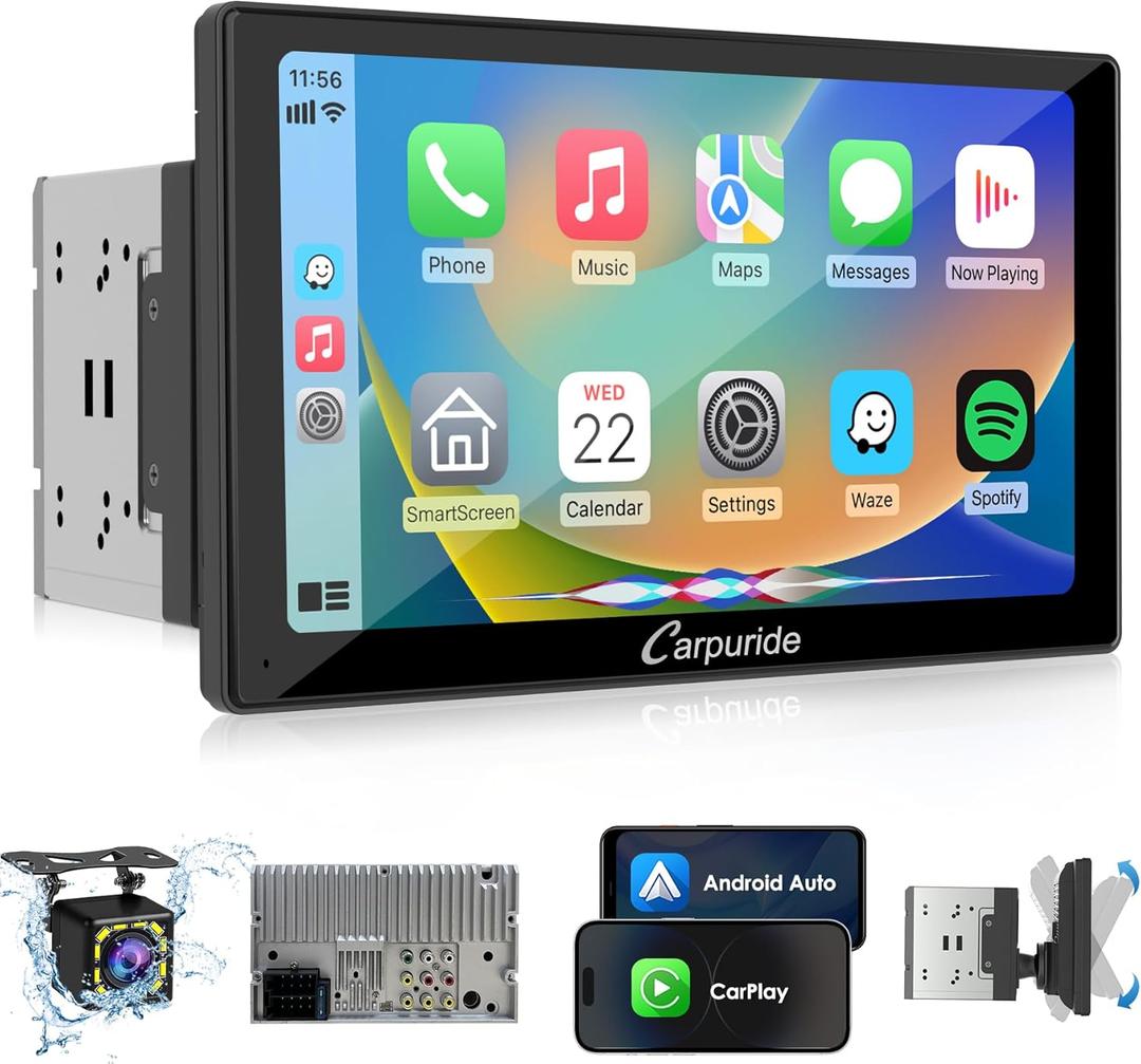 Carpuride Double Din Car Stereo with CarPlay and Android Auto Car Radio 9" HD Floating Touchscreen Car Audio Receivers with Bluetooth, EQ Subwoofer, Mirror Link, SWC, Backup Camera, AUX, AM/FM Radio