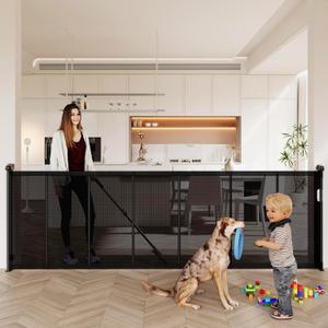 150" Extra Wide Retractable Baby Gates Dog Gate for Large Opening, 41" Extra Tall Mesh Pet Gate, Long Child Safety Gates with Fiberglass Rods for Stairways, Doorways, Hallways - Indoor/Outdoor Use (Black)