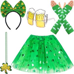 Kvitra St. Patrick's Day Costume Accessories Set for Women, Green Shamrock Tutu Skirt Headband Glitter Glasses Clover Necklaces Long Finger Gloves Blowouts, Saint Patricks Day Suit