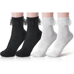 4 Pairs Lace Ruffle Socks for Women, Turn-Cuff Lace Frilly Socks, Soft Comfortable Cute Princess Ruffle Ankle Sock for Balls, Parties, Cosplay, and Everyday Wear