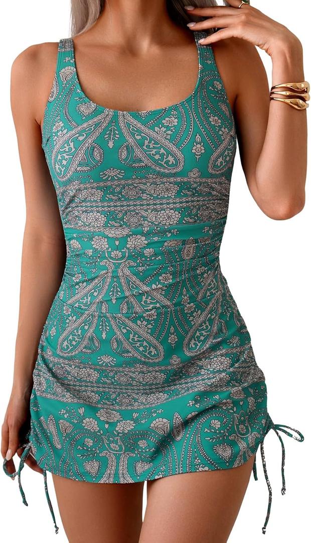 Eomenie Women's One Piece Swimdress Swimsuit with Drawstring Tummy Control Bathing Suits Push Up Swim Dresses with Bottom (Printed-03) M