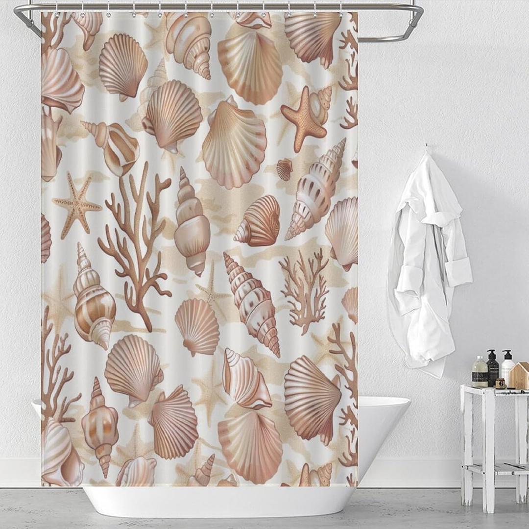 Modern Coralline Shower Curtain, Starfish Seashells Undersea Bathroom Decor Washable Shower Curtain Set with Hooks, 36x72 inch