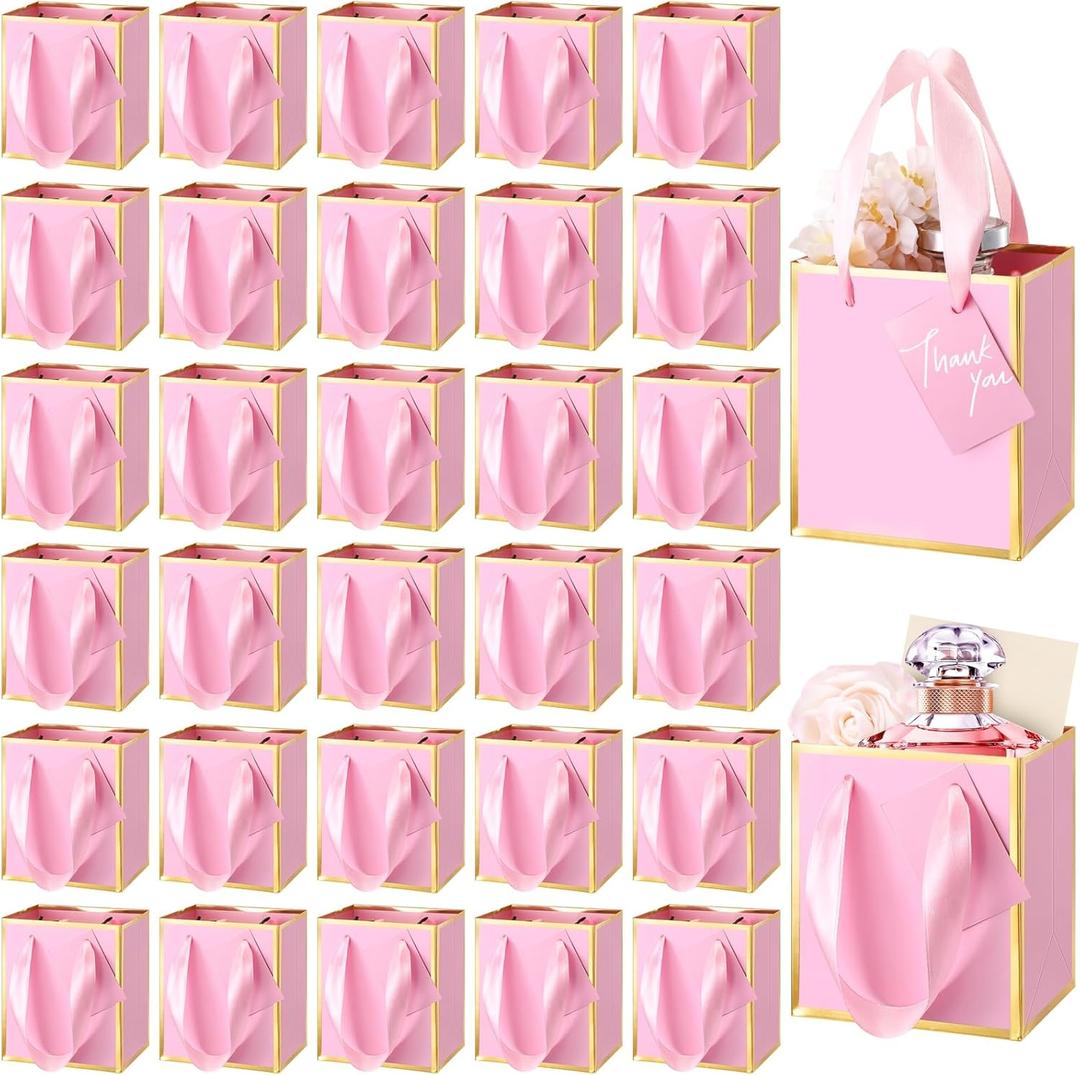 Yeaqee 50 Pcs Mini Metallic Paper Gift Bags with Handles 4x2.75x4.5'' Tiny Small Gift Bags with Thank You Tag for Wedding Graduation Birthday Party Return Gifts Jewelry Business (Pink,Gold)