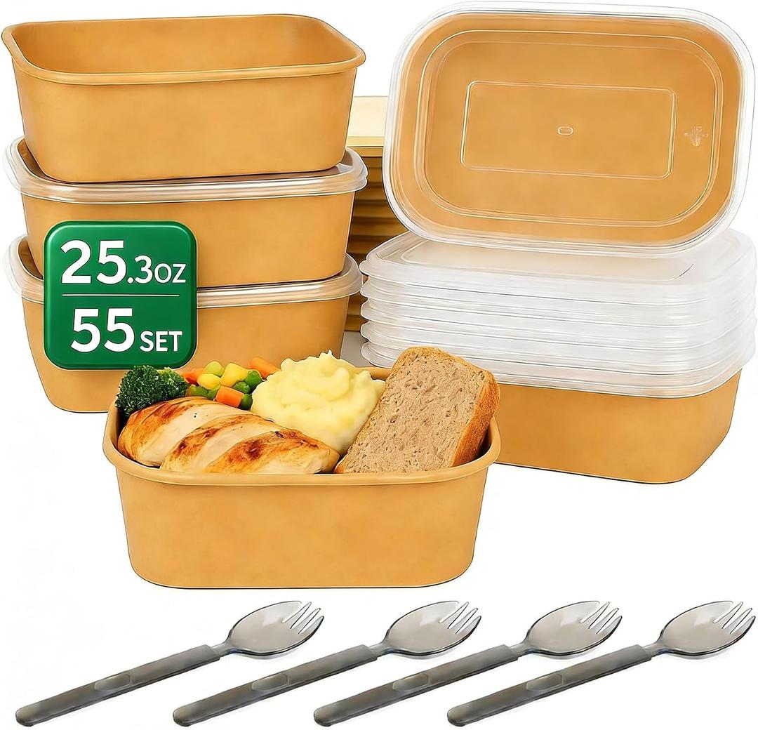 55 Pack 25 oz Disposable Paper Bowls with Lids Meal Prep Containers, 25.3oz 55 Sets