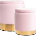 BRIKY Round Storage Ottoman, Pink Velvet Ottoman with Storage for Living Room, Upholstered Ottoman Foot Rest Stool with Gold Plating Base, Pack of 2 Vanity Accent Chairs for Bedroom