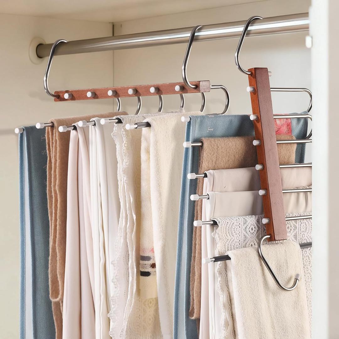 Pants Hangers Space Saving, 4 Packs Wooden Closet Organizer, Anti-Slip Design Leggings Hanger, Multi-Layer Clothing Pant Rack for Jeans, Trousers, Skirts, Scarves & Slacks