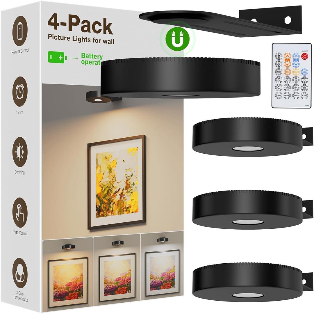 Picture Lights for Wall Battery Operated,4-Pack Magnetic Battery Operated Picture Light,Dimmable Timer Wall Lights for Pictures on Wall,Art Light for Picture Frame,Gallery,Portrait,Puck Lights, Black