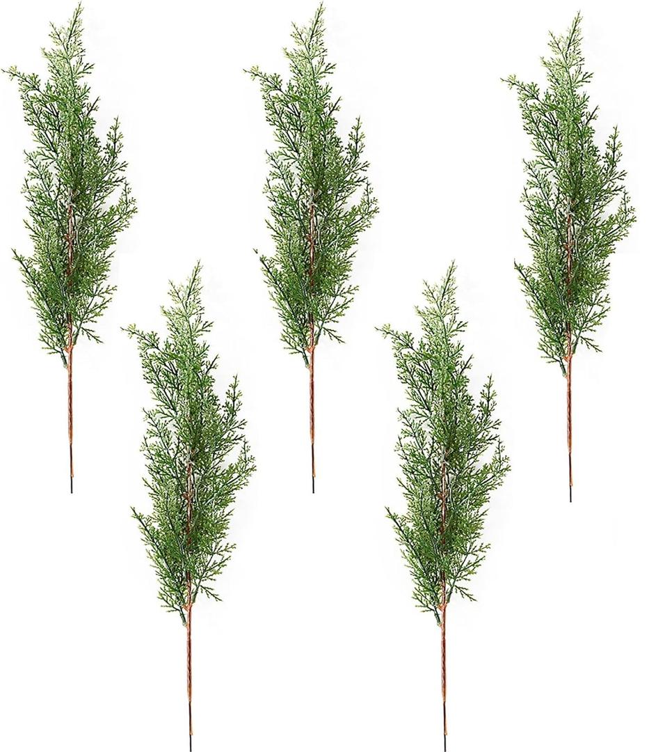 5 Pcs Artificial Cypress Branches, 16.5 Inch Faux Greenery Pine Picks Long Stem Cedar Sprigs Garland Evergreen Branch for Flower Arrangements DIY Craft Decoration
