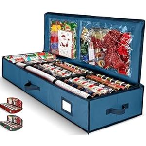 Premium Wrapping Paper Organizer Storage | Gift Wrap Holder with Extra Pockets for Christmas Decorations, Reinforced Handles, Heavy Duty, Ultra-Durable, Tear-Proof Fabric - Fits Up to 27 Rolls (Blue)