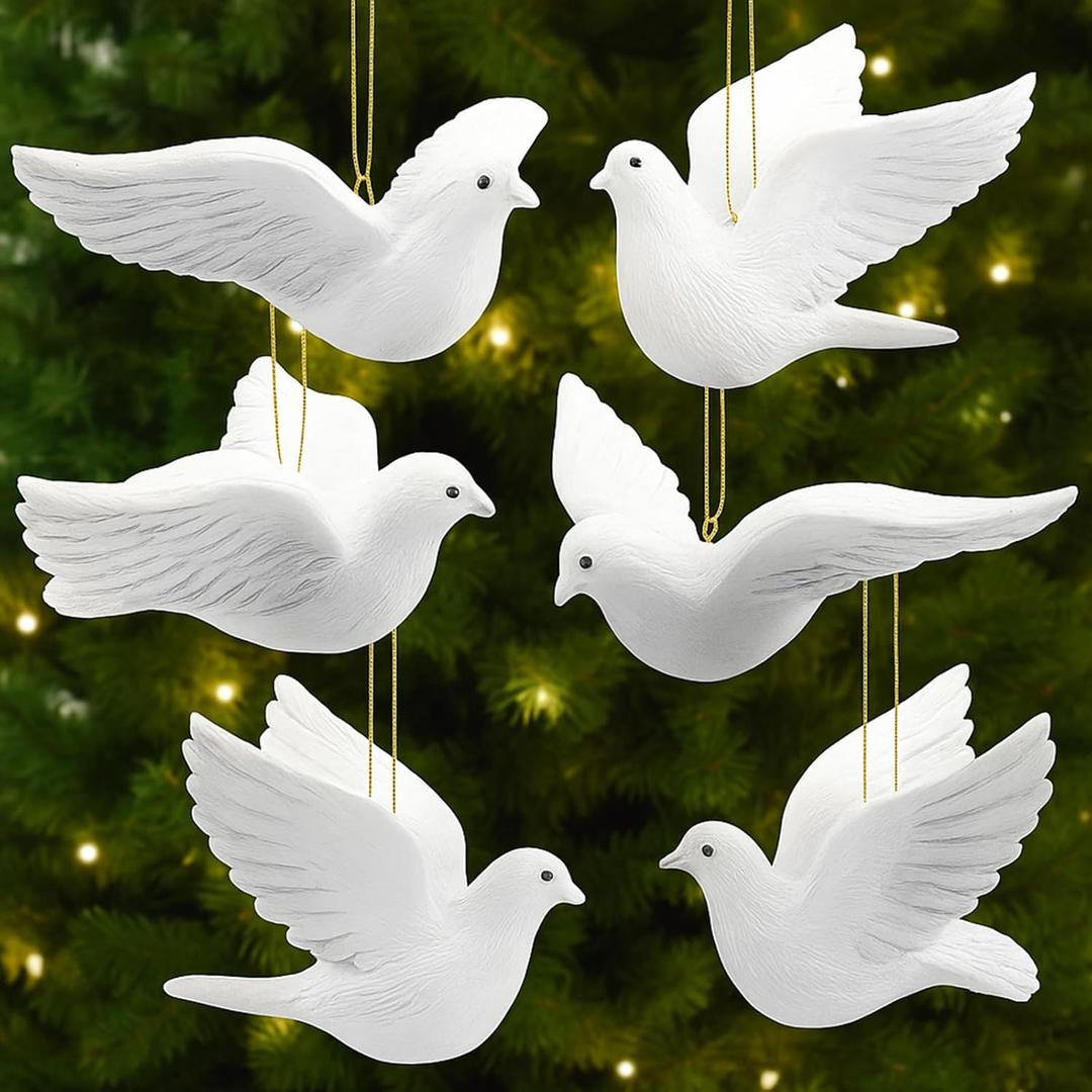 Pinkunn 6pcs Christmas Dove Ornaments Artificial White Peace Dove Hanging Decoration White Resin Birds with Gold String for Christmas Tree Decorations Wedding Cake Centerpieces DIY Decoration
