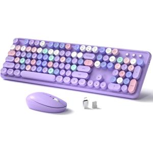 Wireless Keyboard and Mouse, Full-Size Retro Typewriter Keyboard with Round Keycaps, 2.4GHz for Windows, Mac, Laptop, PC, Desktop (Purple Colorful)