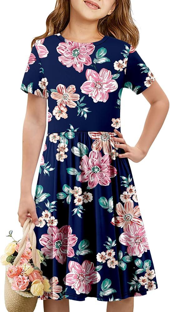 storeofbaby Girls Short Sleeve Dress Casual A Line Twirly Skater Dresses 4-13 Years