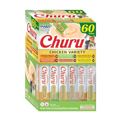 INABA Churu Cat Treats, Grain-Free, Lickable, Squeezable Creamy Purée Cat Treat/Topper, 60 Servings, Chicken Variety Box, Best Before: 11/13/2025