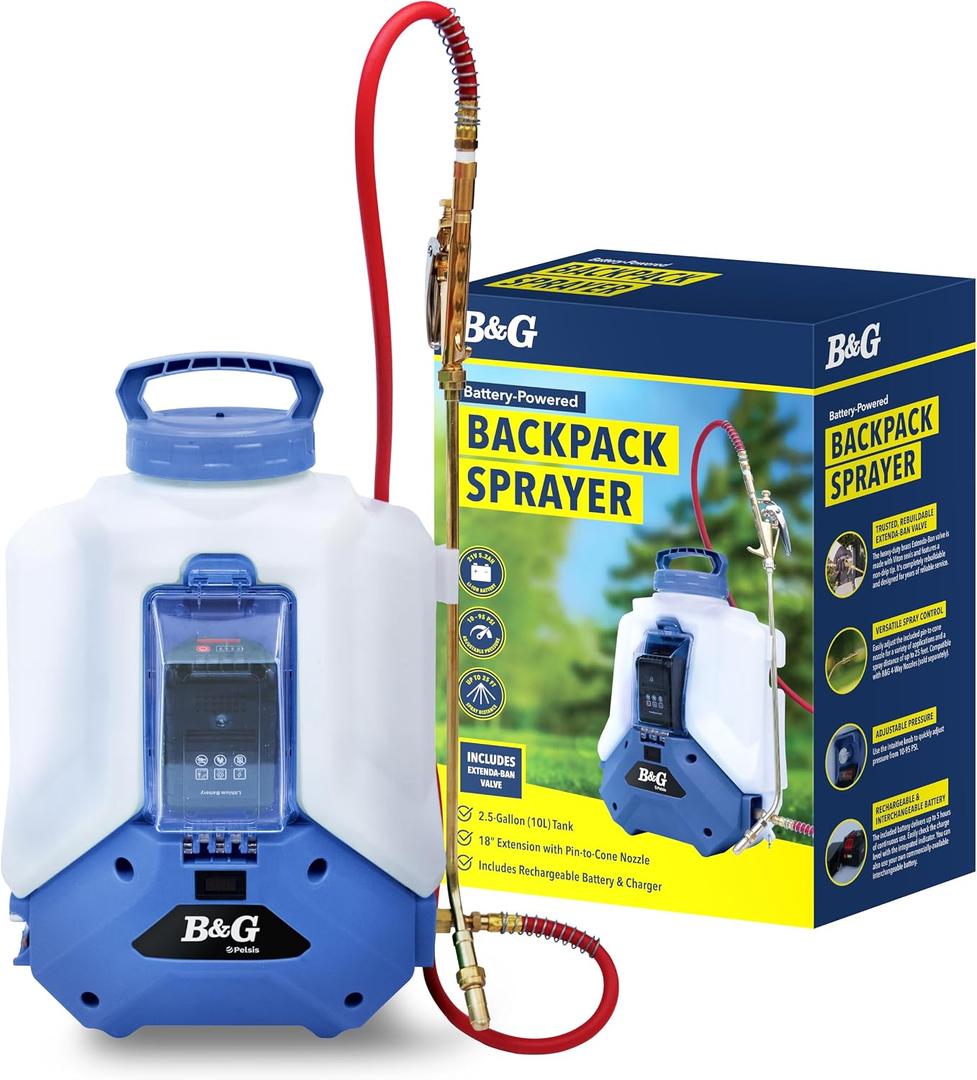 B&G Battery-Powered Backpack Sprayer (2.5 Gallon) Cordless Electric Sprayer with Extenda-Ban Valve & 18 Extension | 21V 5.2Ah Rechargeable Battery | Adjustable 10-95 PSI | Brass Pin-to-Cone Tip