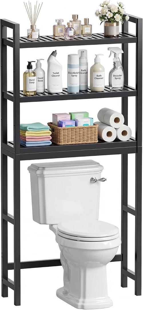 SMIBUY Bathroom Storage Shelf, Bamboo Over-The-Toilet Organizer Rack, Freestanding Toilet Space Saver with 3-Tier Adjustable Shelves (Black), 10.2D x 24.8W x 67H in