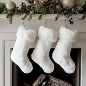 3 Pack 18 Inch Snowy White Christmas Stockings Faux Fur Xmas Christmas Stockings Hanging Ornaments Candy Gift Bags for Christmas Decorations