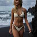 ZAFUL Women's Textured Triangle Bikini Set Contrast Trim Halter Tie Side Cheeky Two Piece Swimsuit (White)