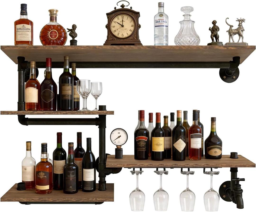 Industrial Pipe Shelving Wine Rack Wall Mounted，Bar Shelves Hanging Wine Rack with 4 Stem Glass Holder,Liquor Bottle Display Shelf is Suitable for Living Room, Kitchen