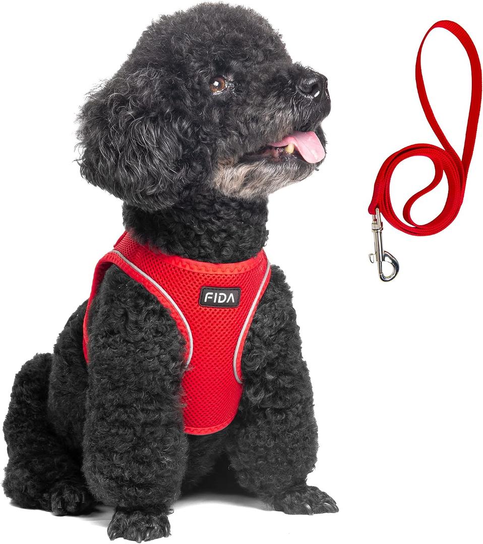 Fida Comfy Dog Harness with Leash, Soft Puppy Vest Escape Proof, Breathable Lightweight Soft Mesh, Adjustable Reflective Step-in Harness for Small & Medium Pet Walking (M, Red)