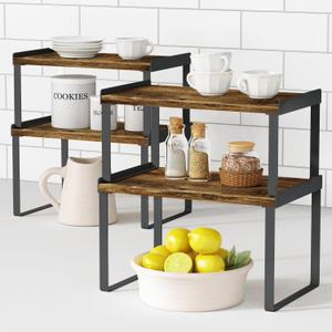 Kitchen Cabinet Organizers and Storage Shelves, Rustic Farmhouse Desk Shelf Riser for Cabinets, Black Expandable Corner Glasses Medicine Cabinet Organizer under Bathroom Sink - Set of 4 (Medium)