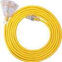 EP 50 Ft Lighted Outdoor Extension Cord with 3 Electrical Power Outlets - 14/3 SJTW Heavy Duty Yellow Extension Cable with 3 Prong Grounded Plug - Power Cord for Lawn, Garden, Appliances