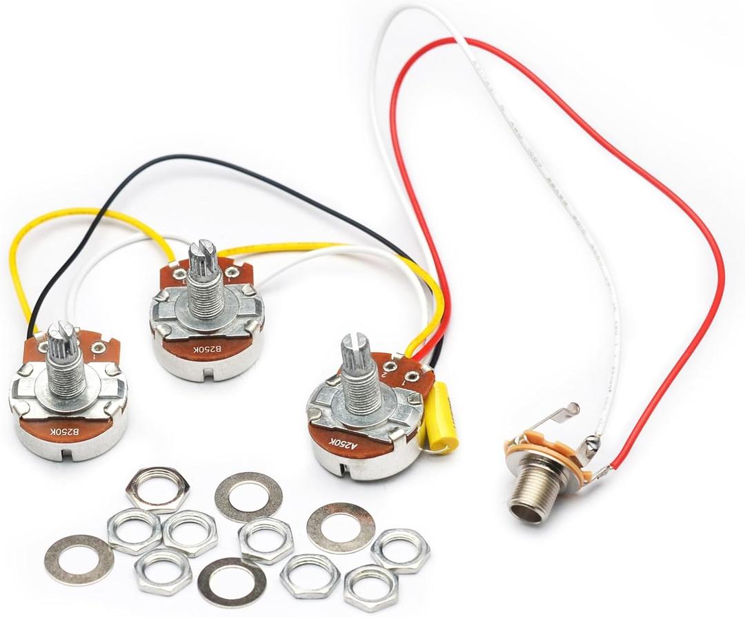SAPHUE Bass Wiring Harness Prewired Kit 250K Big Pots 2 Volume 1 Tone For Jazz Bass Electric Guitar Parts