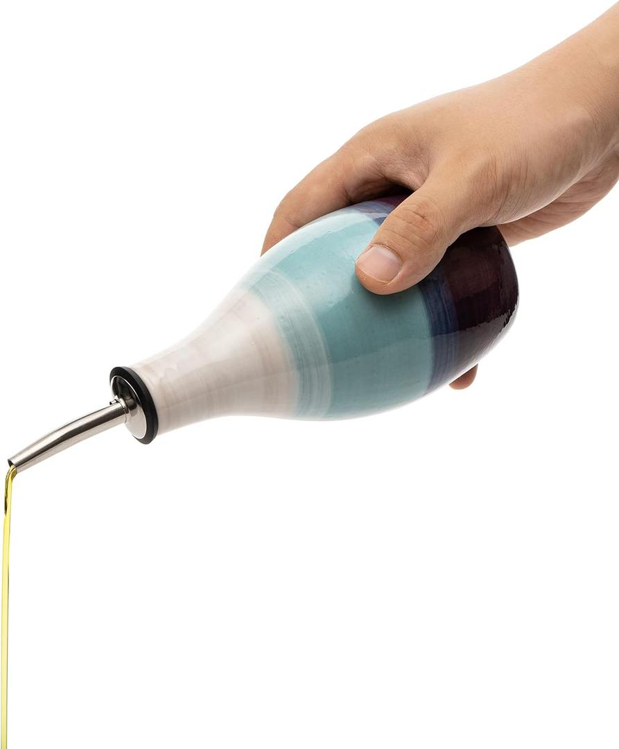 Ceramic Olive Oil & Vinegar Dispenser Bottle - 400ml Cruet with Pourer & Stopper - Perfect Home Decor Gift - 6" H x 3" W (Blue)