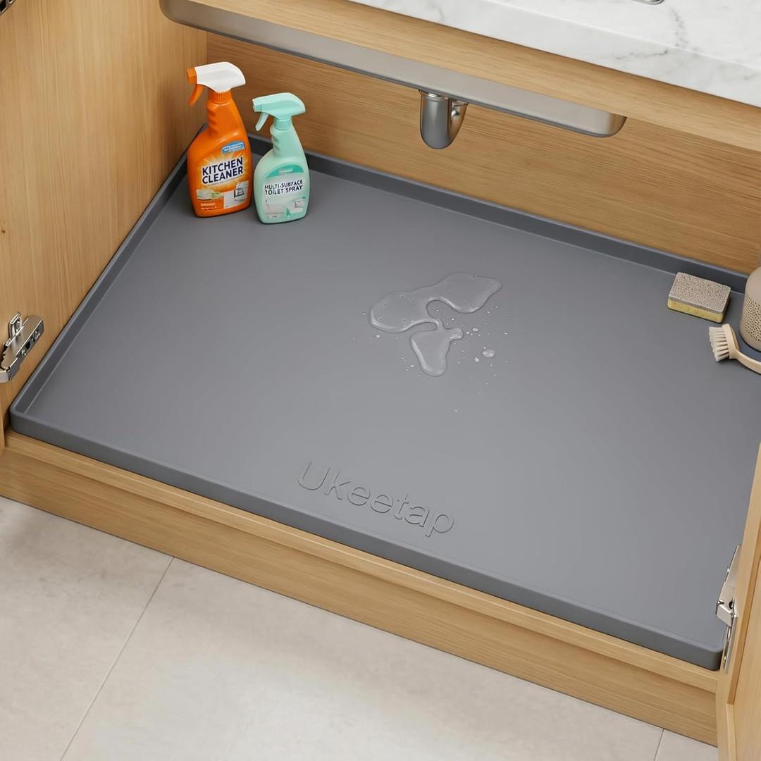 Extra Thick Silicone Mat Waterproof with Raised Edge 34" x 22", Under Sink Mat for Kitchen & Bathroom, Kitchen Cabinet Liner, Multi-Purpose for Storage & Protection, Gray