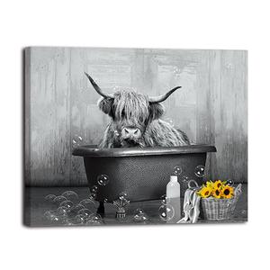 Highland Cow Wall Art Black and White Canvas Prints Highland Cow Picture Farmhouse Bathroom Decor 16x20inch