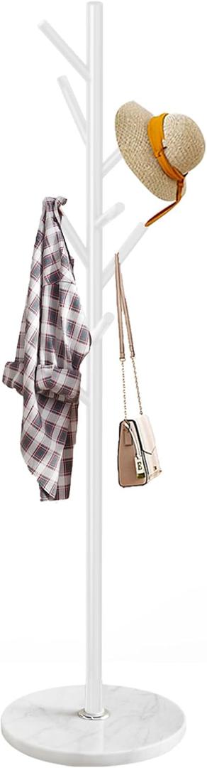 Coat Rack Stand with Natural Marble Base, Metal Coat Rack Freestanding, Modern Coat Racks, Heavy Duty Standing Coat Tree Hanger for Jacket, Bag, Entryway, Office (8 Hooks-Whtie)