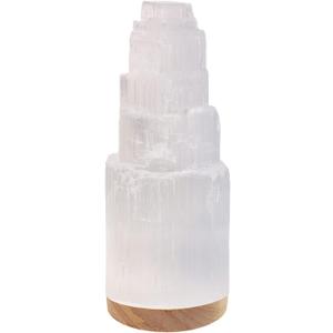 Himalayan Glow Selenite Crystal Lamp 20cm, Moroccan (ETL Certified) Tower Lamp with Wooden Base & USB Charging Cable, Anxiety Relief Healing Crystals for Home Decor