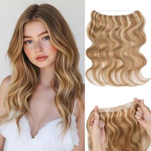 S-noilite Halo Hair Extensions Real Human Hair 12inch Short Wavy Halo Hair Extensions for Women Adjustable WireHair Extensions Golden Brown/Bleach Blonde